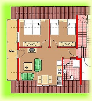 Grundriss Appartement im Obergeschoss, 55qm